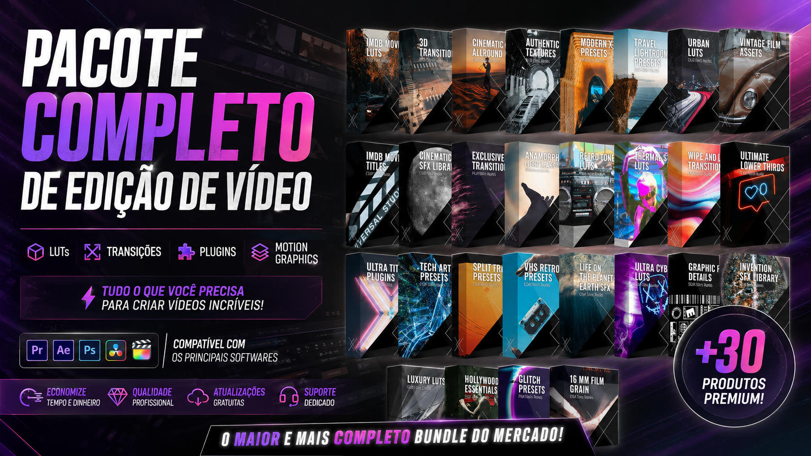 Pacote Completo de Edição de Vídeo LUTs • Transições • Plugins • Motion Graphics